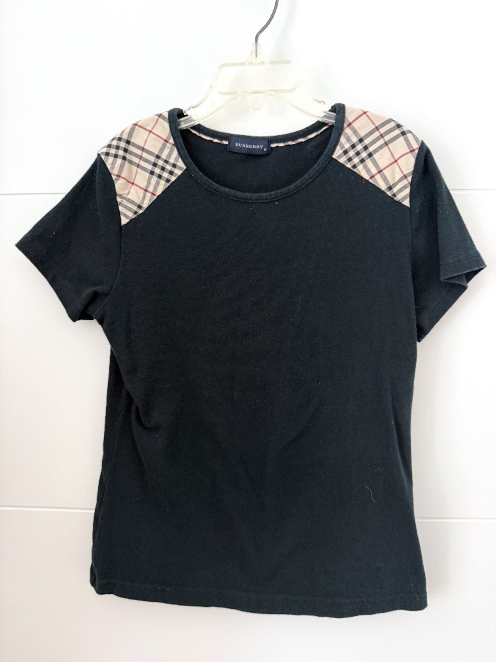 Burberry Children Black Nova Check Shoulder Raglan T-Shirt Top Youth 12Y Fits XS